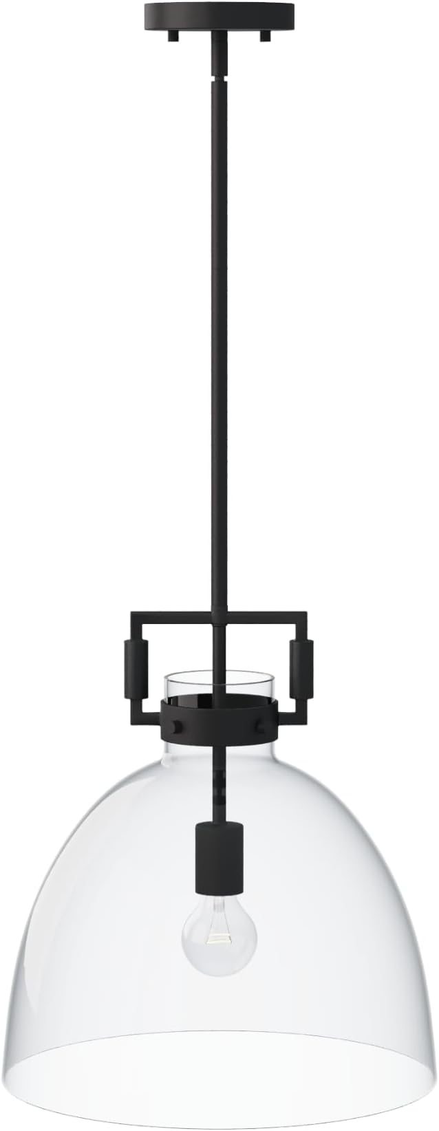 Nathan James Leigh Pendant Lighting, Black Hanging Ceiling Light with Oversized Glass Shade and Adjustable Cord, for Kitchen Island or Entryway, Matte Black/Clear