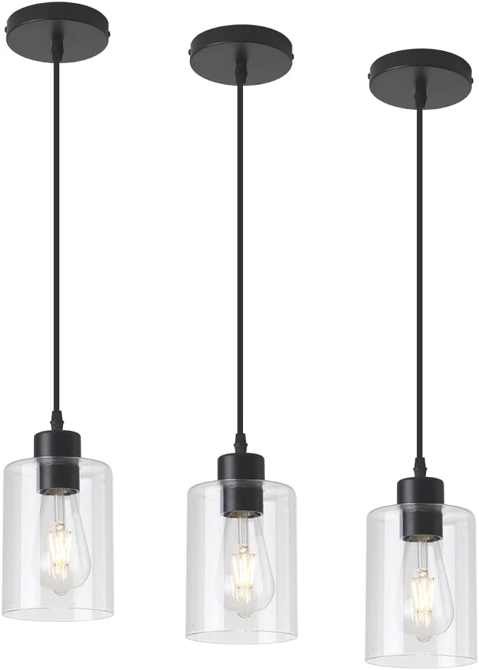 Modern Black Farmhouse Clear Glass Cylinder Pendant Light Fixture,Mini Pendant Lighting for Kitchen Island Decor - 4.75 Inch Shade, 2-58 Inch Cord (Black 3 Pack)