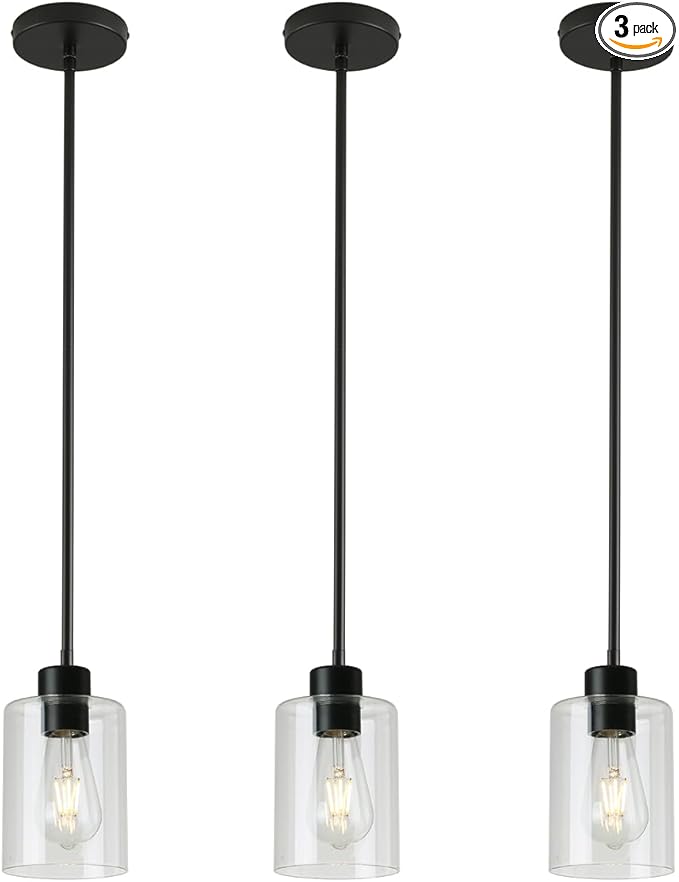Black Pendant Lights Kitchen Island - Clear Glass Pendant Light Fixture Multiple Stems Rods 3 Units 12 Inch 3 Units 4 Inch (Black 3 Pack Stem Rod)