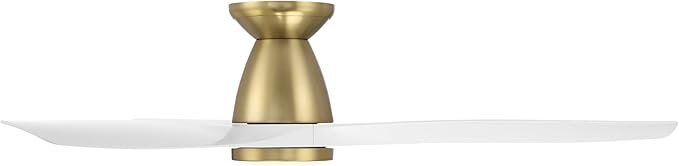 Skylark Indoor and Outdoor 3-Blade 54in Smart Flush Mount Ceiling Fan in Soft Brass Matte White Adjustable CCT 2700K-3000K-4000K-5000K LED Light Kit Remote Control works with Alexa, iOS or Android App