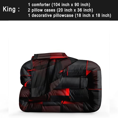 Bedbay Black Checkered Comforter Set King Size Plaid Bedding 4 Pcs Stereoscopic Glowing Square Geometric Printing Quilt Set Boys Girls Black Red Grid Bedding Set King Duvet Set (Red Black,King)