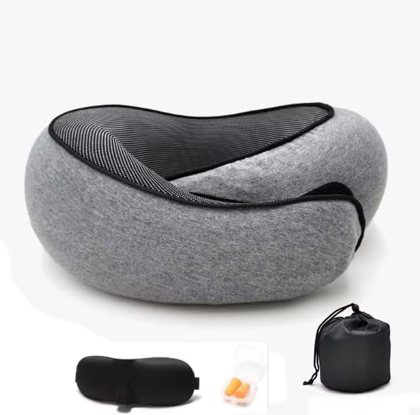 Wander Memory Foam U-Shaped Travel Pillow for Airplane, Trains, Car, Stowable, Grey