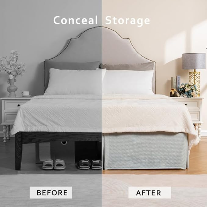 MIYE Pleated Waffle Weave Bed Skirt, Tailored Dust Ruffle 16 Inch Drop Easy Fit, Machine Washable (Light Grey, Full - 16" Drop)