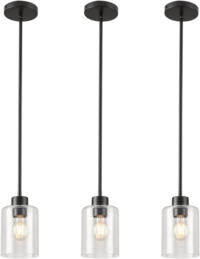 Black Pendant Lights Kitchen Island - Seeded Glass Pendant Light Fixture Multiple Stems Rods (3 Pack with Rod seeded Glass)