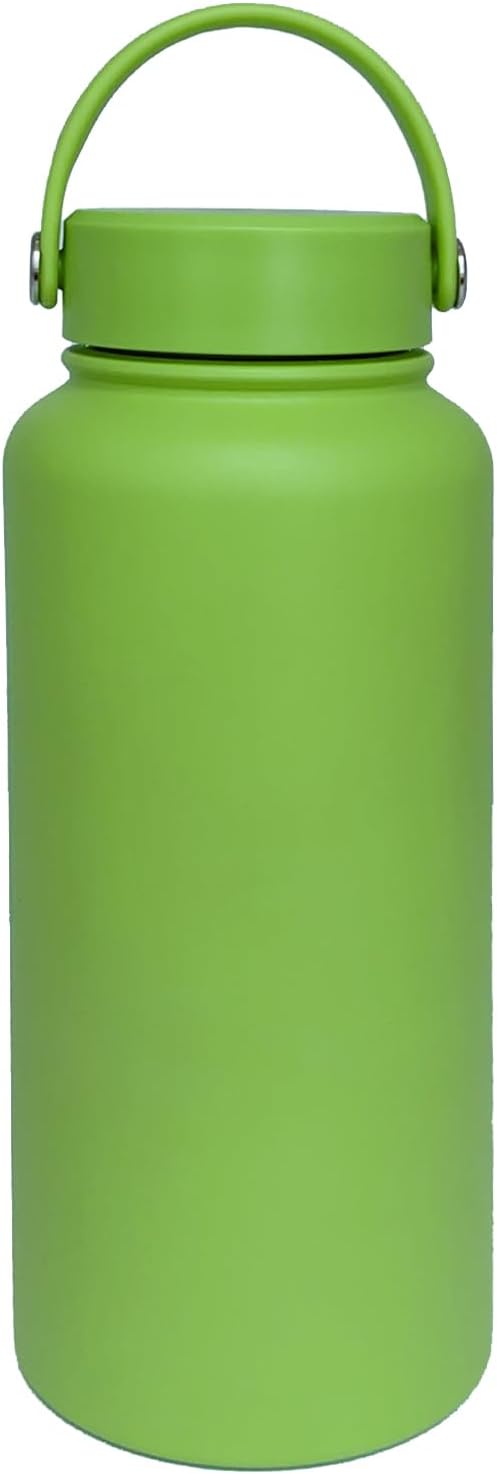32oz Insulated Water Bottle ，Stainless Steel Sports Water Cup Flask with 2 Lids, Wide Mouth Travel Thermal Mug,Outdoor Sports Bottle（Lemon Green）