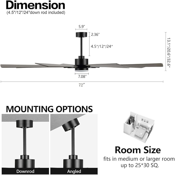72" Ceiling Fan with Lights and Remote Control, Wood 8 Blades 6-Speed Noiseless Reversible DC Motor, 3 Downrods, Modern Ceiling fan for Office Porch Bedroom Dining Living Room, Black+Wood