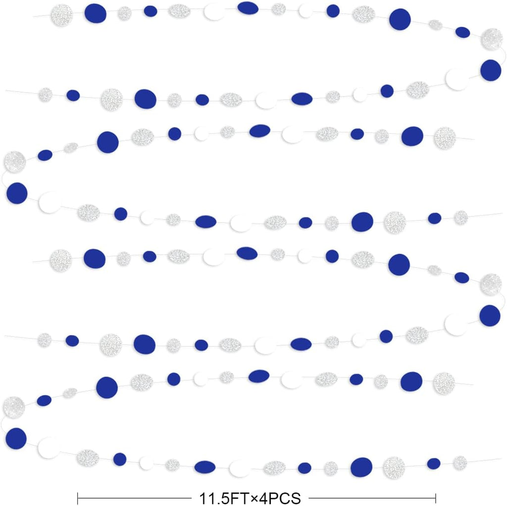 46 Feet Navy Blue White and Silver Circle Dots Garland Royal Blue Hanging Paper Polka Dots Streamer for Birthday Wedding Bridal Baby Shower Nautical Ahoy Achor Pirate Theme Party Decorations Supplies