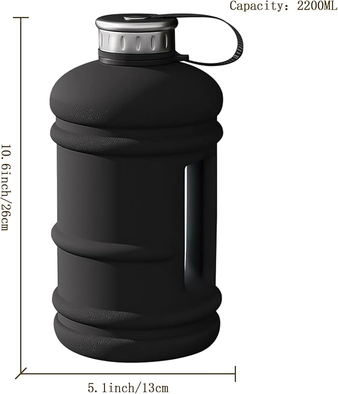2.2L Half Gallon Water Bottle, 73 OZ Large Water Jug BPA Free PETG Plastic Reusable Drink Container with Handle, Wide Mouth Leak proof Big Sports Jug for Gym Fitness Hiking Outdoor (Black)