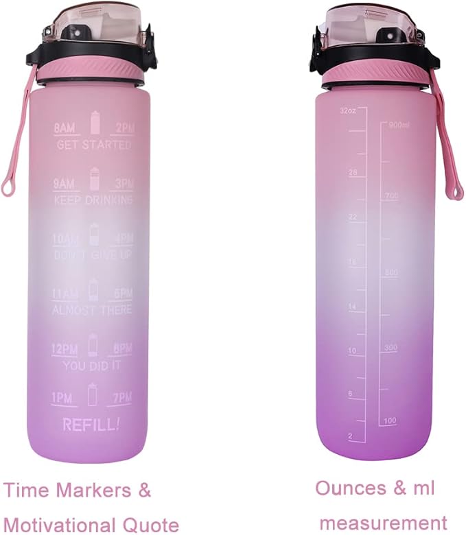 32oz Sport Water Bottle with Time Maker &Straw &Carry Strap & Security Lock Tritan BPA-Free Leak Proof Flip Top Lid Gym School Outdoor Sports Pink-Purple