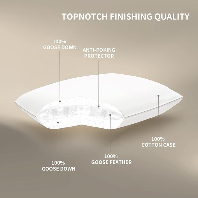 Natural Goose Down Pillows: Luxury Hotel Bed Pillow with 750 Fill Power, White Goose Down Sleeping Pillow with Pillowcase, Soft Pillow for Back, Side, Stomach Sleepers - 1 Pack, Queen (20" x 30")