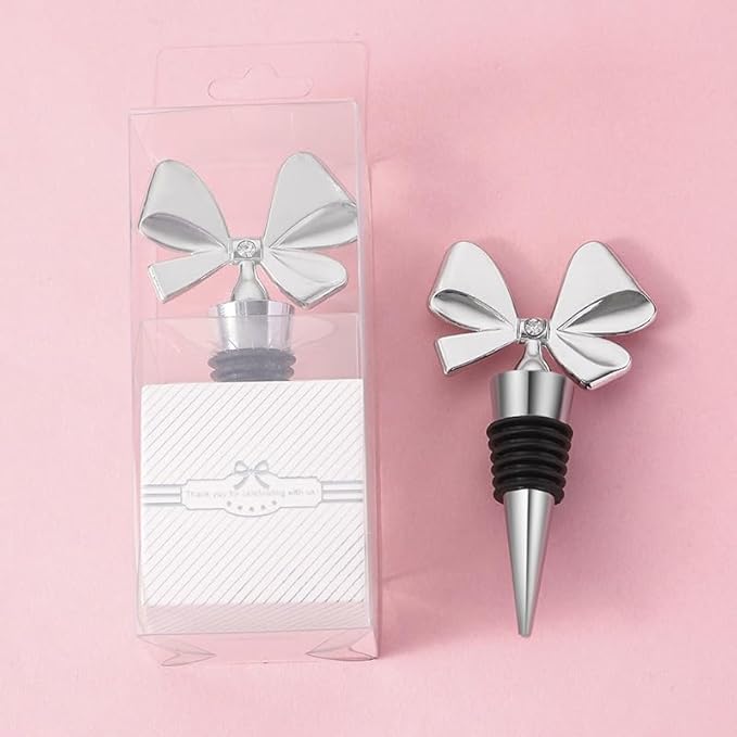 3 Pack Bowknot Wine Bottle Stoppers, Holiday Decor - zinc alloy Decorative Wine Stoppers - Wine Gift for Hostess - Cute Wine and Beverage Corker Bottle Sealers Women's Day gifts (Silver)
