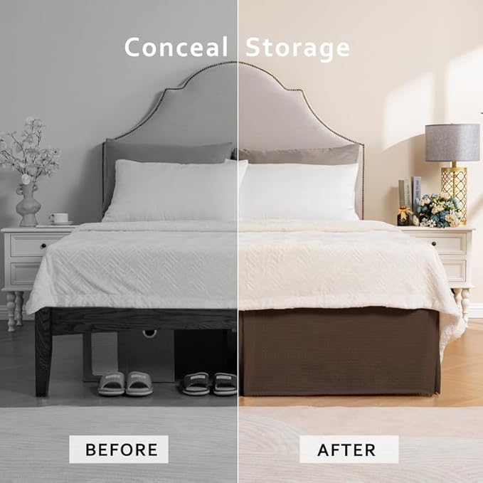 MIYE Pleated Waffle Weave Bed Skirt, Tailored Dust Ruffle 14 Inch Drop Easy Fit, Machine Washable (Brown, Queen - 14" Drop)