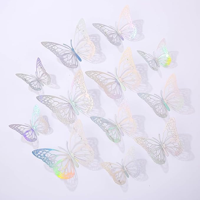 3D Butterfly Wall Decor 48 Pcs 4 Styles 4 Colors 3 Sizes,Gold Silver Laser Rose Butterfly Decorations for Butterfly Birthday Decorations Butterfly Party Decorations Cake Decorations,Removable Sticker