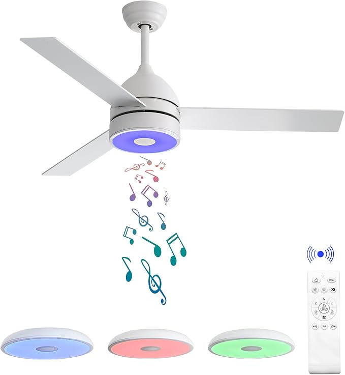 52 Inch Ceiling Fan With RGB Dimming LED Light,With Music Bluetooth Speaker,Remote Control,3-Speed Regulation, Reversible Motor,Timing,For Living room,Bedroom,Restaurant,Outdoor