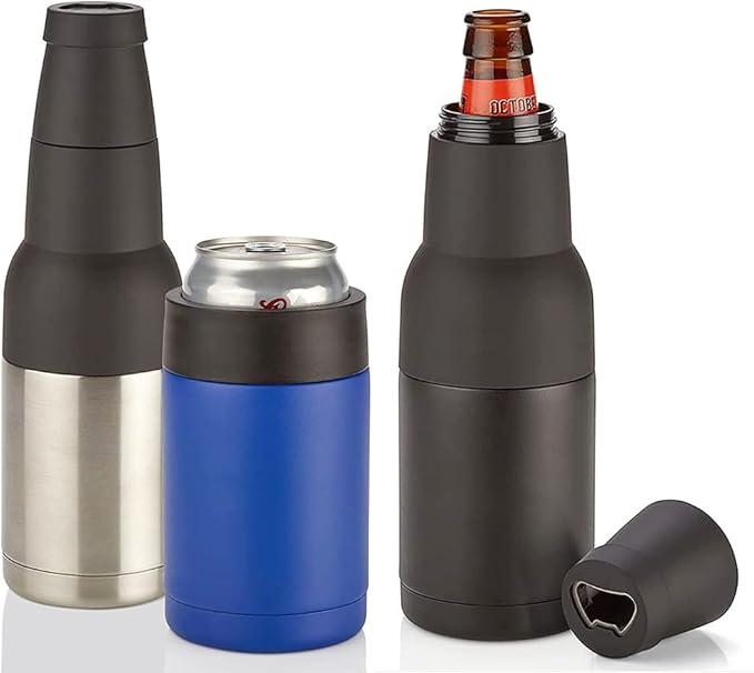 3 in 1 Beer Bottle and Can Cooler, Vacuum Insulated Double Walled Stainless Steel Cooler with Beer Opener, 12 oz Slim Can Insulator Holder (White)