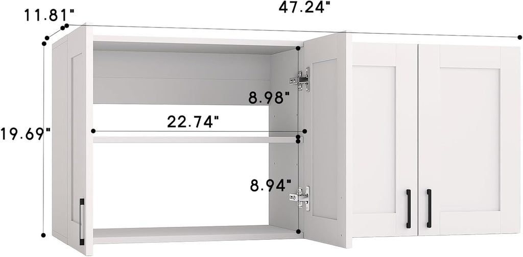 White Laundry Room Cabinets and Storage with 4 Doors and Utility Adjustable Shelf，Gabinetes Para Cocina Cupboard Kitchen Organizers and Storage Pantry Wall Mounted 12.4"D x 47.2"W x 19.7"H