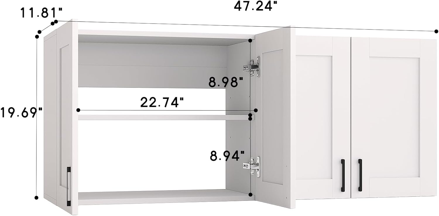 White Laundry Room Cabinets and Storage with 4 Doors and Utility Adjustable Shelf，Gabinetes Para Cocina Cupboard Kitchen Organizers and Storage Pantry Wall Mounted 12.4"D x 47.2"W x 19.7"H