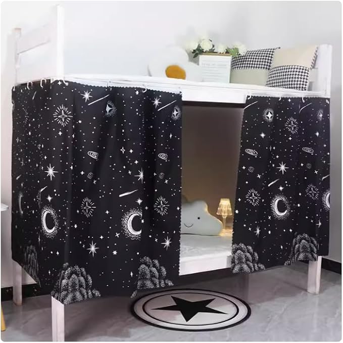 HAOZAIKEJI Student Bunk Bed Curtains Dormitory Blackout Bed Drapes for Loft Bed Milky Way Moon Curtain for Bed Frame Dustproof Decorative Shading Canopy for Bottom Bunk Bed