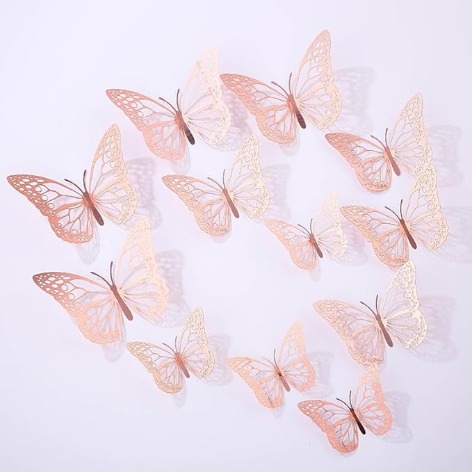 3D Butterfly Wall Decor 48 Pcs 4 Styles 4 Colors 3 Sizes,Gold Silver Laser Rose Butterfly Decorations for Butterfly Birthday Decorations Butterfly Party Decorations Cake Decorations,Removable Sticker