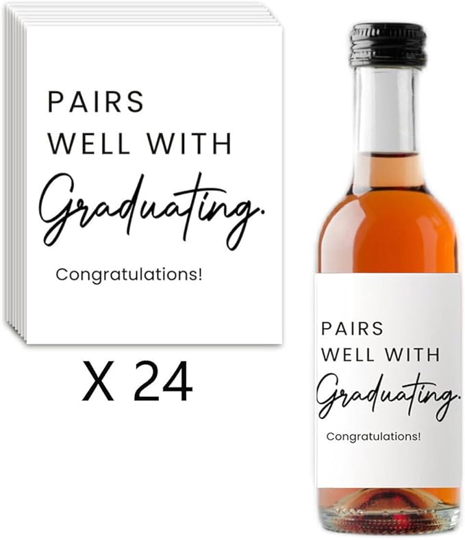 24Pcs Mini Graduation Wine Labels, College Graduation Grad Gifts for Him Her Women, Graduation Party Decorations Wine Bottle Stickers Labels, Pairs Well With Graduating Wine Labels