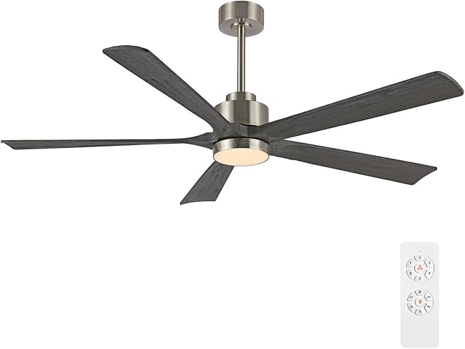 60" Modern Ceiling Fan with Lights and Remote Control, 5 Solid Wood Blades 6-Speed Noiseless Reversible DC Motor, Ceiling Fan for Bedroom Dinning Living Room, Nickel Finish with Wood Blades
