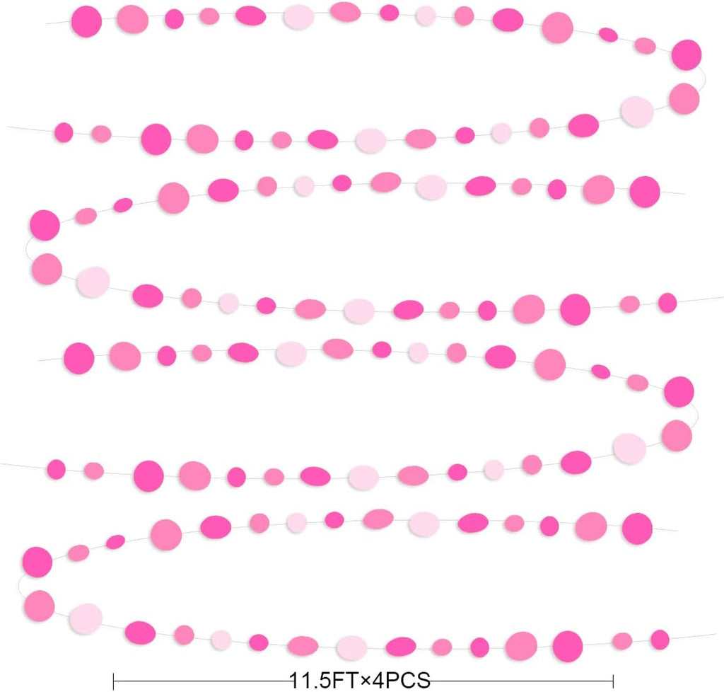 Hot Pink Party Decorations Circle Dots Garland Rose Pink White Hanging Paper Polka Dots Streamer for Birthday Bachelorette Engagement Wedding Baby Bridal Shower Anniversary Minnie Theme Party Supplies