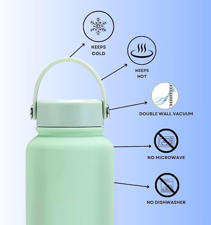32 OZ Double Wall Stainless Steel Vacuum Bottle Insulated Water Bottles Outdoor Sports Bottle with Handle Lid, Spill-Proof, Hike, School, Hydration, Ivory, Black, Pale Green, Lavender (Pale Green)