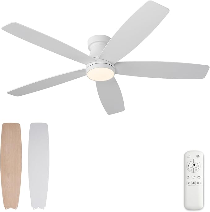 52 inch Ceiling Fans with Lights and Remote,Flush Mount White Ceiling Fan,Memory Fuction Reversible Quiet DC Motor Low Profile Ceiling Fans For Living Room Bedroom Outdoor(White&Natural Wood)