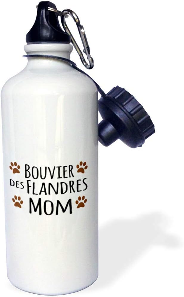 3dRose "Bouvier des Flandres Dog Mom-Doggie by breed-brown muddy paw prints love-doggy lover pet owner" Sports Water Bottle, 21 oz, White
