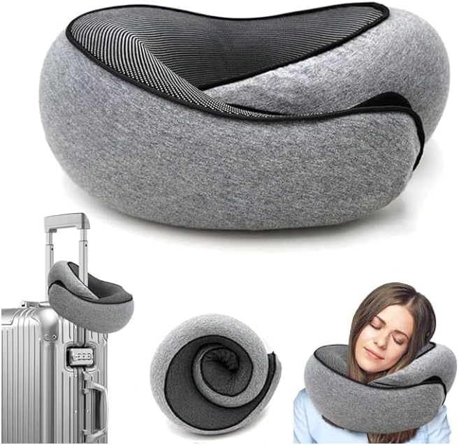 Wander Memory Foam U-Shaped Travel Pillow for Airplane, Trains, Car, Stowable, Grey