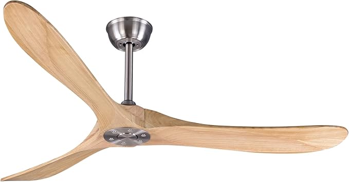 Bigzone 60" Outdoor Ceiling Fan With Remote Control, DC Motor Energy Saving, 3 Solid Wood Blades, Wood Ceiling Fan No Light, Brushed Nickel Ceiling Fan With Reversible Blades
