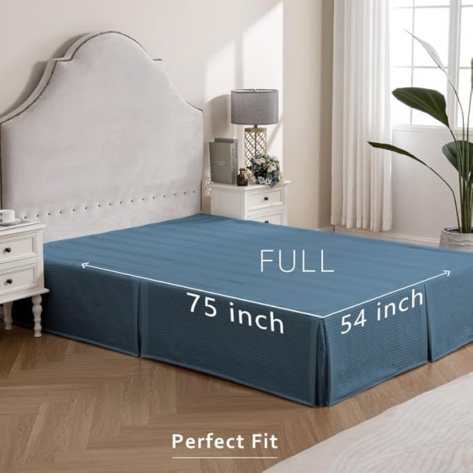 MIYE Pleated Waffle Weave Bed Skirt, Tailored Dust Ruffle 22 Inch Drop Easy Fit, Machine Washable (Blue, Full - 22" Drop)