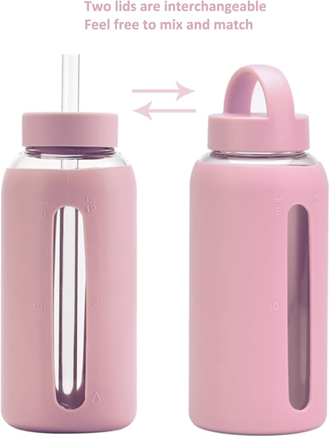 27 Oz Hydration Bottle,Minimalist Glass Water Bottle With Silicone Sleeve,Wide Mouth Opening With 2 Lids,Train Straws,Gift for Kids/Adults,Sport Glass Water Bottle for Gym/Yoga/Outdoor (Pink, 27 oz)