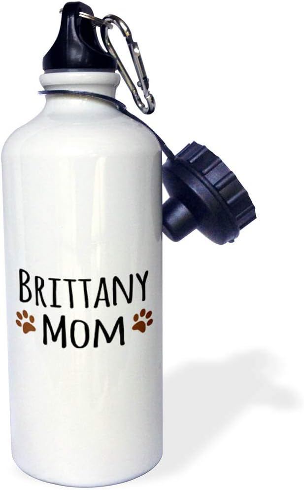 3dRose "Brittany Spaniel Dog Mom-Doggie by breed-brown muddy paw prints love doggy lover mama pet owner" Sports Water Bottle, 21 oz, White