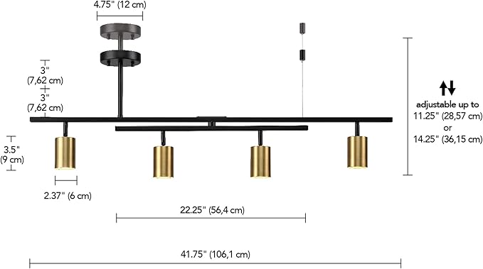 Globe Electric 57501 4-Light Track Lighting, Matte Black, Matte Brass Track Heads, Center Swivel Bar, 4 Bulb Kitchen Light, Ceiling Light Fixture, Track Lighting, Swivel, Bulb Not Included