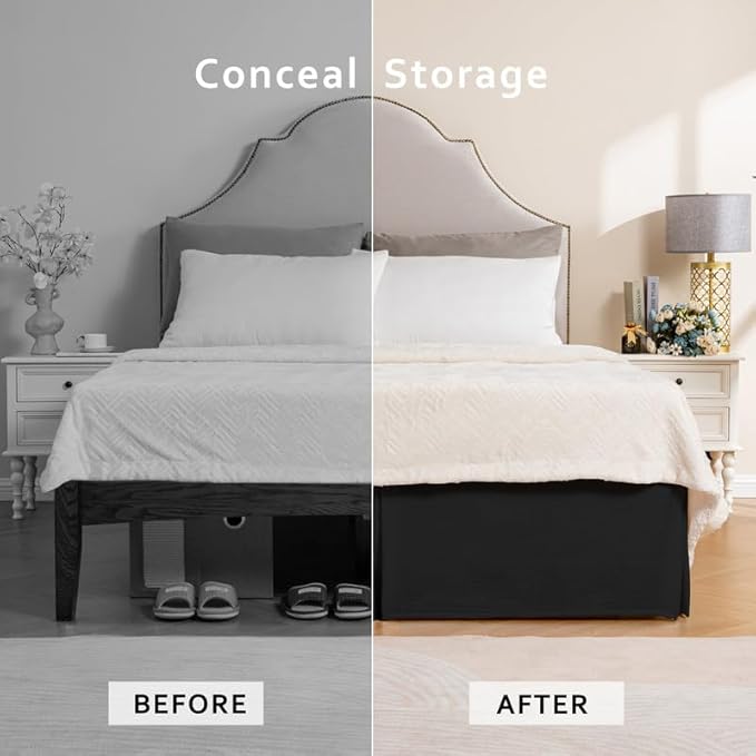 MIYE Pleated Waffle Weave Bed Skirt, Tailored Dust Ruffle 18 Inch Drop Easy Fit, Machine Washable (Black, King - 18" Drop)