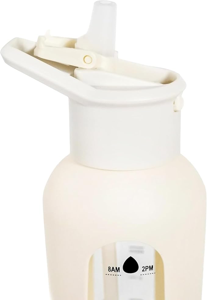 24oz Glass Motivational Water Bottle with Flip Lid Straw, Silicone Protective Sleeve, Handle, Reusable BPA Free (Dune)