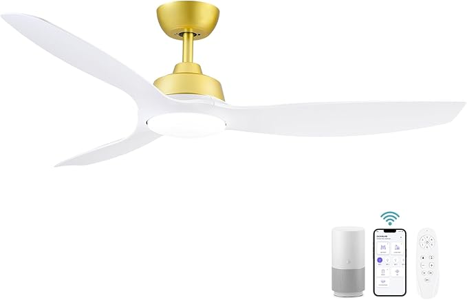 Sevenine Ceiling Fan with Light,White Gold Ceiling Fan,3 Blades,Downrod,6 Speed Adjustable,Dimmable LED,3 Timers,Reversible DC Motor, for Patio Living Room Bedroom Dining Room (White Gold, 52)