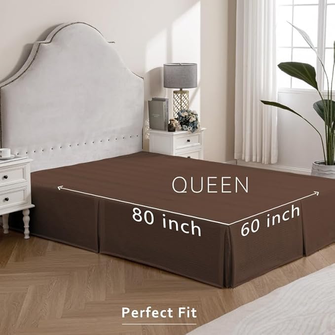 MIYE Pleated Waffle Weave Bed Skirt, Tailored Dust Ruffle 14 Inch Drop Easy Fit, Machine Washable (Brown, Queen - 14" Drop)