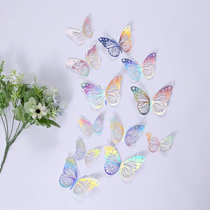 3D Butterfly Wall Decor 48 Pcs 4 Styles 4 Colors 3 Sizes,Gold Silver Laser Rose Butterfly Decorations for Butterfly Birthday Decorations Butterfly Party Decorations Cake Decorations,Removable Sticker