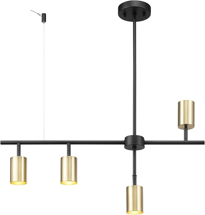 Globe Electric 64000049 4-Light Adjustable Height Geometrical Track Lighting, Matte Black, Matte Brass Accents, Ceiling Light, Pivot Shades, Track Ceiling Light, 4 Bulb Kitchen Light, GU10 Socket