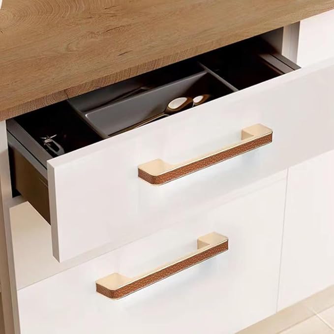 Leather Handle Brass Leather Handle Nordic Minimalist Style Handle Wardrobe Dressing Table Bedroom Living Room Kitchen Handle Hardware Furniture - 2 Pack (Brown, 128mm(5in))