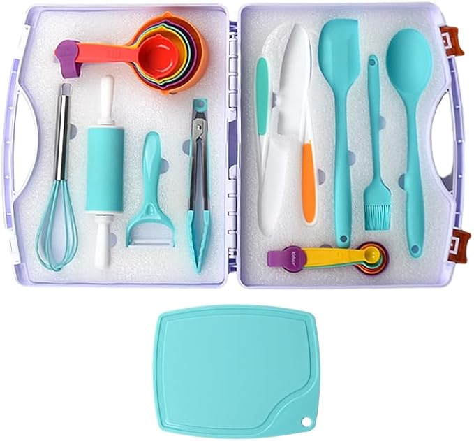 Cooking Set for Kids, Real Cooking Kids Baking Set with Organizer Carrying Case for Girls, Kitchen Tools Kids Knife Set for Boys, Kid, Toddler, Gift, Toys-Blue