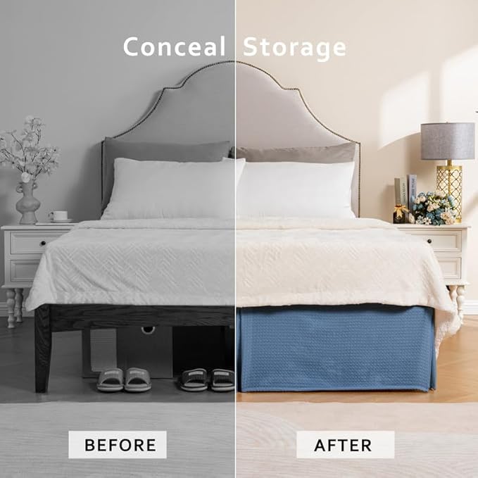 MIYE Pleated Waffle Weave Bed Skirt, Tailored Dust Ruffle 12 Inch Drop Easy Fit, Machine Washable (Blue,Cal King - 12" Drop)