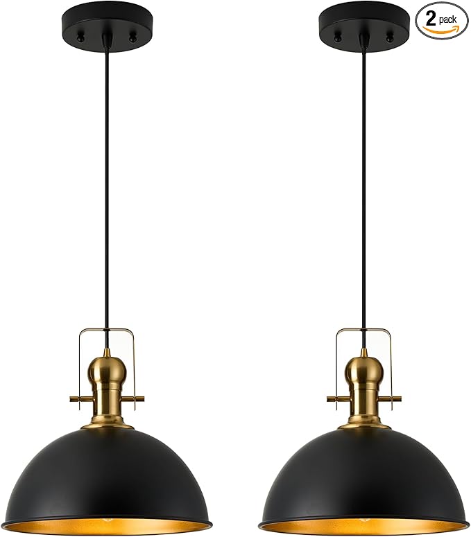 12 Inch Black Farmhouse Pendant Lights Matte Pendant Lights for Kitchen Island Industrial Adjustable Height Vintage Dome Hanging Light Fixtures for Barn, Dining Room 2 Packs