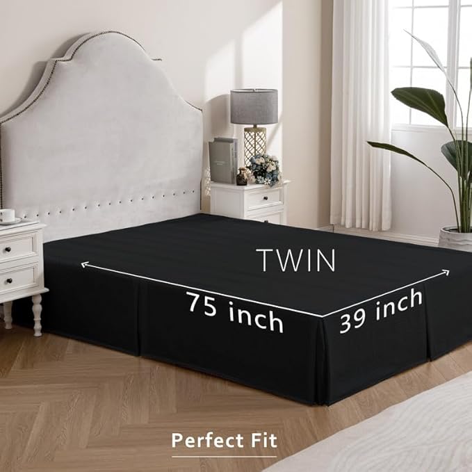 MIYE Pleated Waffle Weave Bed Skirt, Tailored Dust Ruffle 12 Inch Drop Easy Fit, Machine Washable (Black, Twin - 12" Drop)