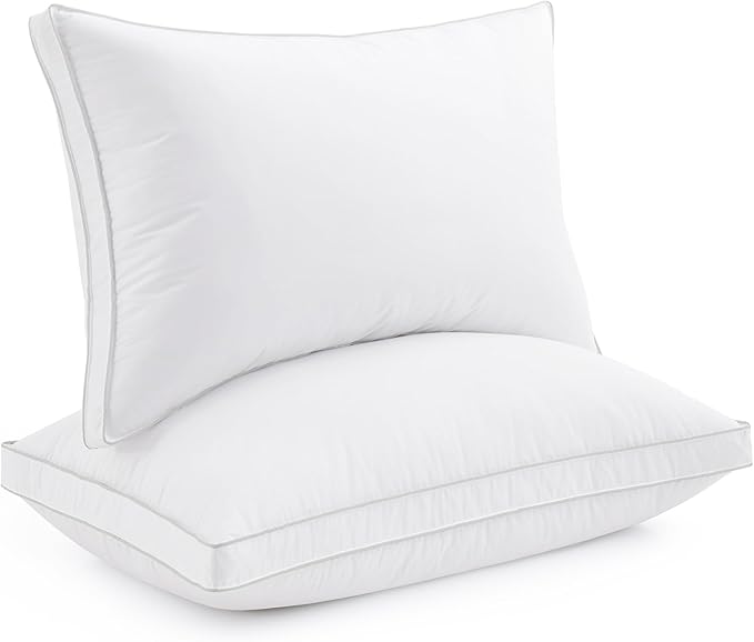puredown® Feather Pillows with 100% Cotton Cover, Set of 2 Gusseted Bed Pillows with Silver Piping for Sleeping, Queen Size