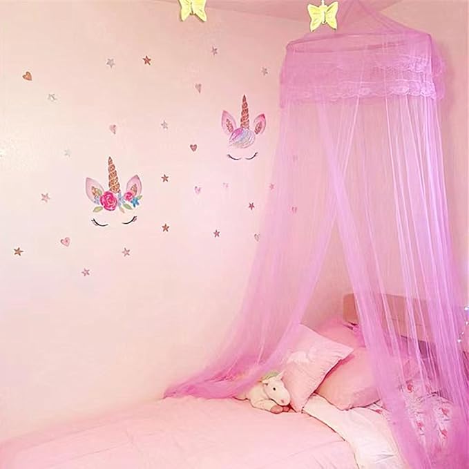 Eimilaly Lace Bed Canopy Mosquito Netting with Warm Lights, Princess Bed Canopy for Girls Room Decor, White/Single Door