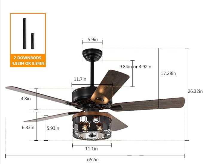NicBex Ceiling Fan 52 Inch Ceiling Fan with Lights Vintage Ceiling Fans with 5 Blades and Remote Control Ceiling Fan with Round Lamp Shade for Bedroom, Living Room, Matte Black