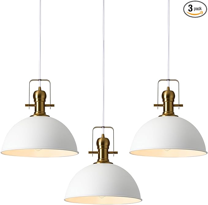 12 Inch Sandy White Farmhouse Pendant Lights Pendant Lights for Kitchen Island Industrial Adjustable Height Vintage Dome Hanging Light Fixtures for Barn, Dining Room 3 Packs